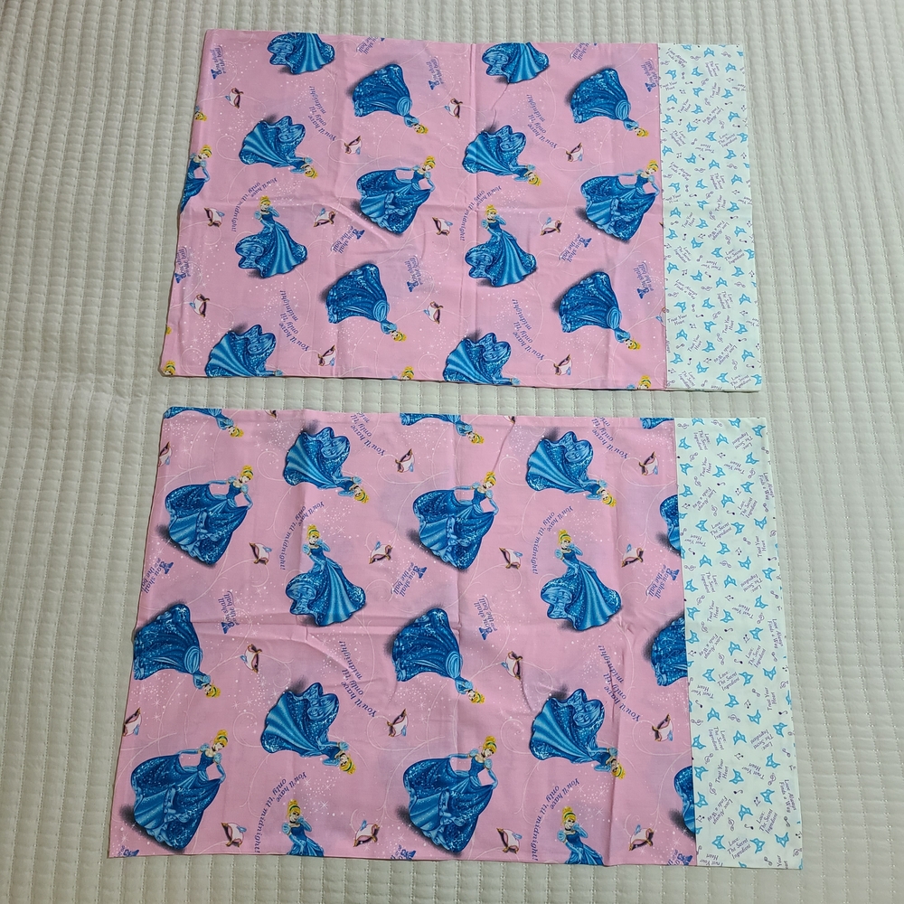 Two Pink and Blue Disney Cinderella Print Cotton Handmade Pillowcase